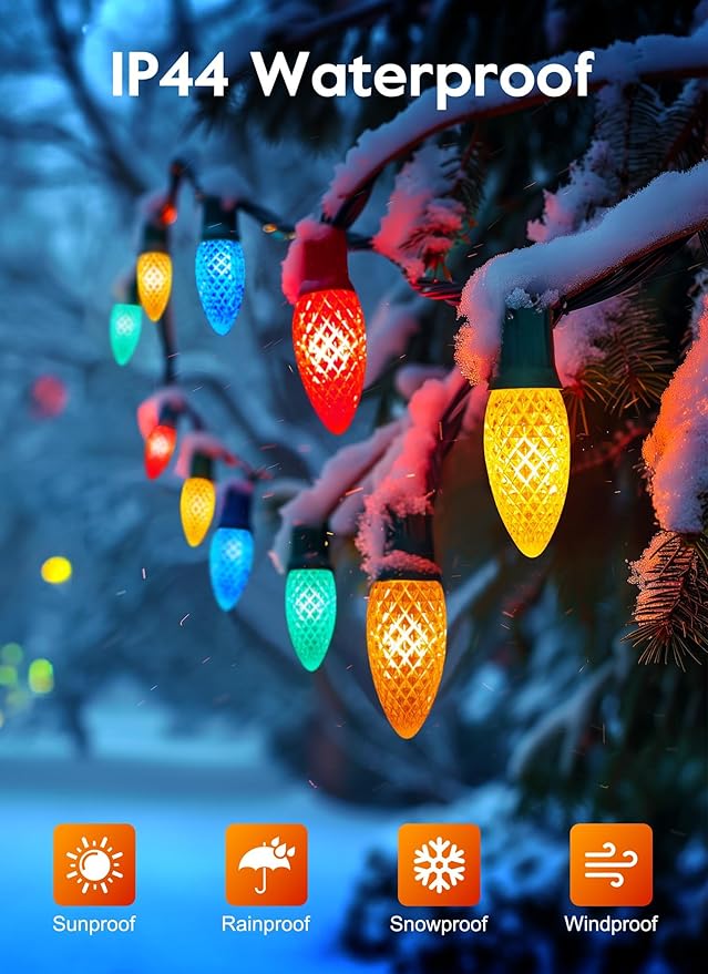 Brightown Outdoor Christmas Lights, 100 Ft LED Commercial String Lights With Multicolor Strawberry C9 Bulbs, Waterproof Connectable UL Certified for Indoor Yard Xmas Tree House Decor