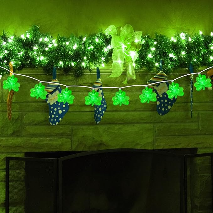 8.5FT Clear Green Shamrock Lights, St Patricks String Lights Outdoor Waterproof with 10 LED Light for rish Shamrock | Lumora