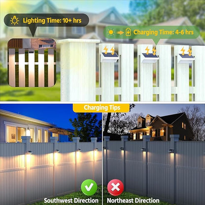 NIORSUN Outdoor Fence Lights, 6 Pack Waterproof LED Solar Fence Lights with 1500mAh Battery, Warm White/Cool White/RGB, Easy-to-Install Wall Light for Deck, Patio, Railing, Stairs, Backyard – White