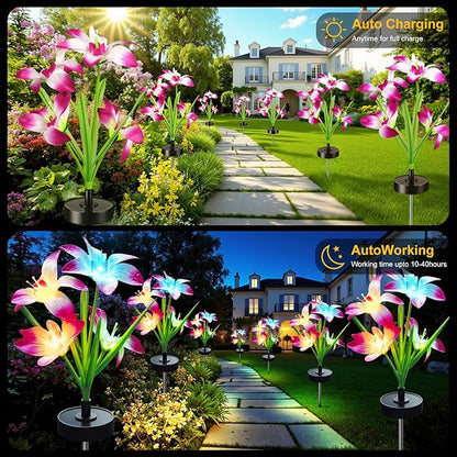 Upgraded Solar Garden Lights, 4 Pack Outdoor Solar Lights, New Round Panel for 40-Hour Runtime, Serve as Outdoor & Indoor Decor, 7-Color Changing Flower Lights, Waterproof for Patio Yard Decoration
