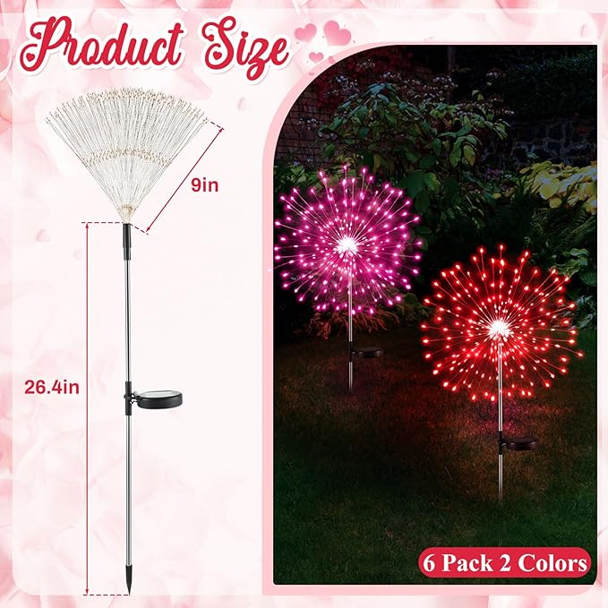 6 Pcs Valentine's Day Solar Firework Lights Solar Lights Outdoor Garden 120 LED 8 Modes Waterproof LED Sparkler Outdoor for Valentines Patio Yard Pathway Walkway (Red,Pink)