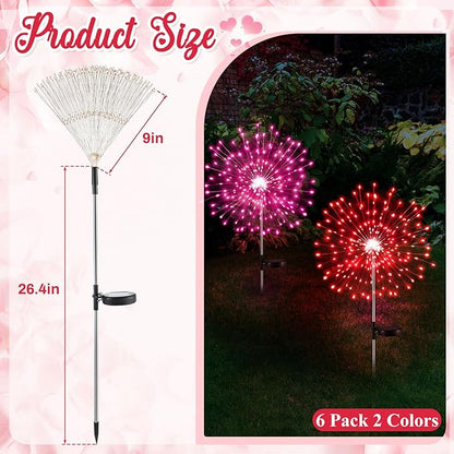 6 Pcs Valentine's Day Solar Firework Lights Solar Lights Outdoor Garden 120 LED 8 Modes Waterproof LED Sparkler Outdoor for Valentines Patio Yard Pathway Walkway (Red,Pink)