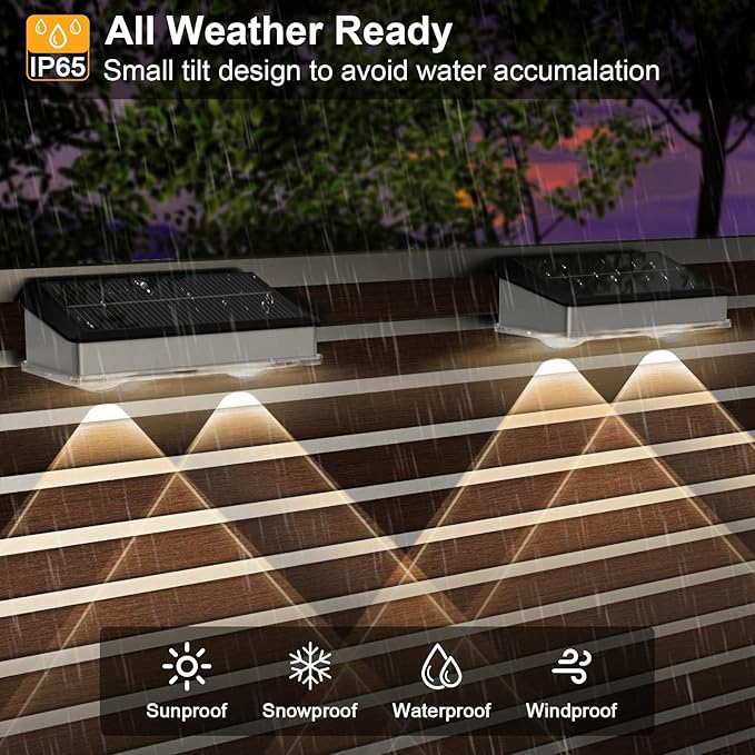 Solar Fence Lights Outdoor 8 Pack, Stainless Steel & IP65 Waterproof, 8 Lighting Modes High Brightness LED Spot Lens Deck Lights Dusk to Dawn for Backyard Stair Railing Patio Wall