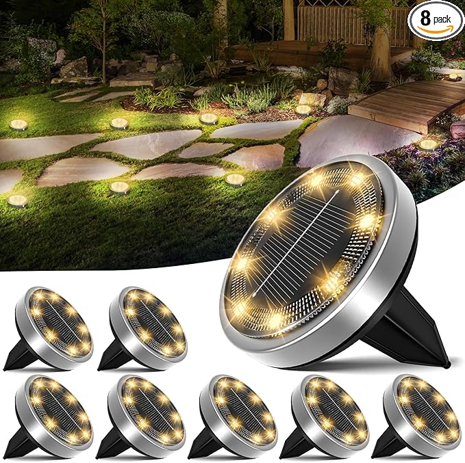 nipify 8 Pack Solar Ground Lights Outdoor, 8 LED Solar Disc Lights Waterproof for Yard Garden Walkway Deck Patio | Lumora