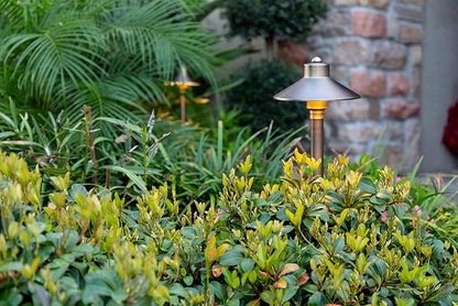 VOLT Flat Hat 12V Brass Path Light (7" Shade, 24" Tall) for Low Voltage Landscape Lighting on Outdoor Pathway, Walkway, Garden, Driveway or Patio