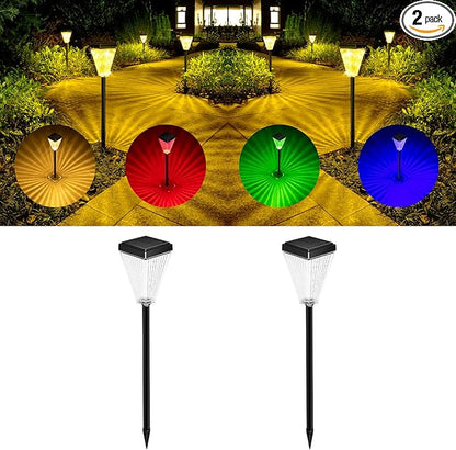 Solar Pathway Lights 2 Pack, 5 Modes Adjustable 3000K Warm White & RGB Fixed/Auto Changing, Smart Light Sensor IP65 Waterproof 200LM for Yard Lawn Garden Walkway