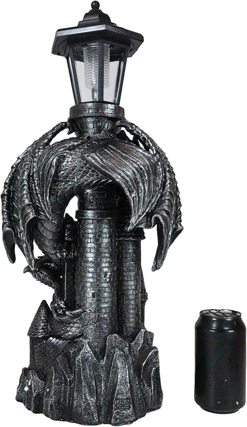 Ebros Gift Mystical Rocky Cliff Top Castle Dungeon Guardian Dragon Solar LED Light Lantern Statue Path Lighter Patio Lighter