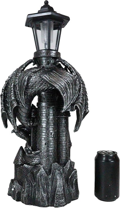 Ebros Gift Mystical Rocky Cliff Top Castle Dungeon Guardian Dragon Solar LED Light Lantern Statue Path Lighter Patio Lighter