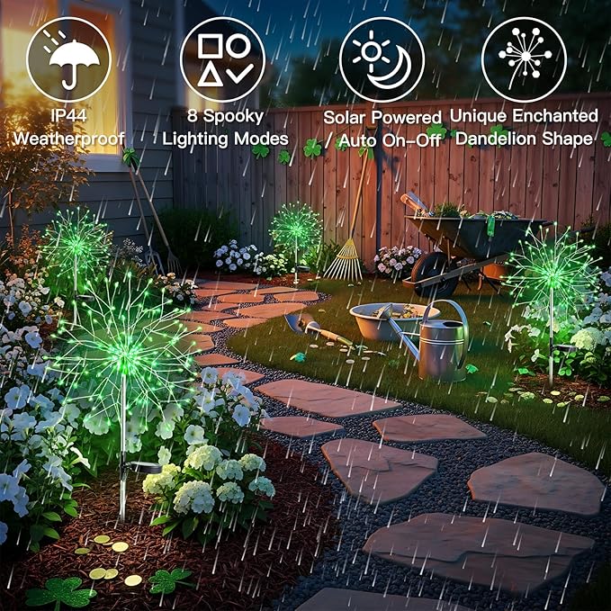 suddus St. Patrick's Day Decorations Solar Firework Lights - 150 LED Green Outdoor Garden Lights, 8 Modes DIY | Lumora