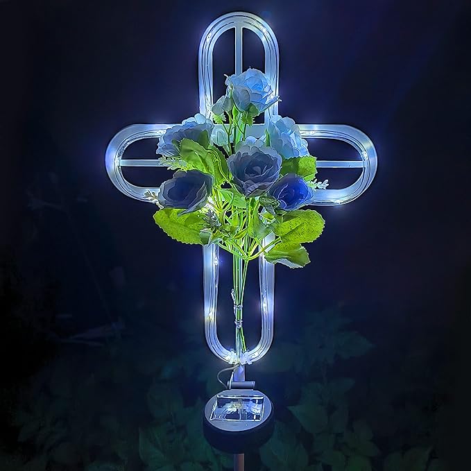 38 inch Cross Solar Light Outdoor Art Decoration - Metal and Blue Artificial Flower Craft Solar Light Stake- for Scenes Such as Garden Lawn Patio Patio Cemetery or Auditorium.