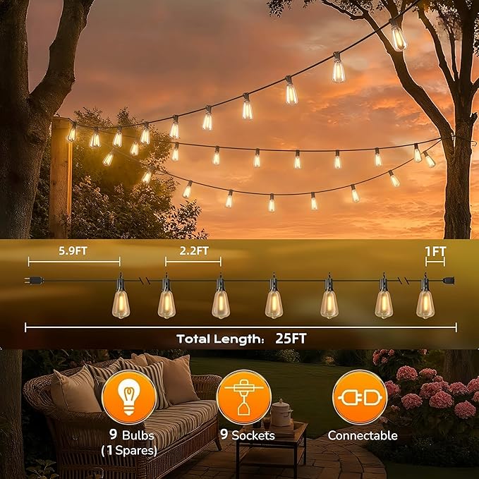 GPATIO Outdoor String Lights, 25FT Shatterproof Patio Lights, IP65 Waterproof Dimmable Outside Hanging Light, Connectable LED Outdoor Lights for Backyard, Porch, Deck, Balcony, Garden, Home Decor
