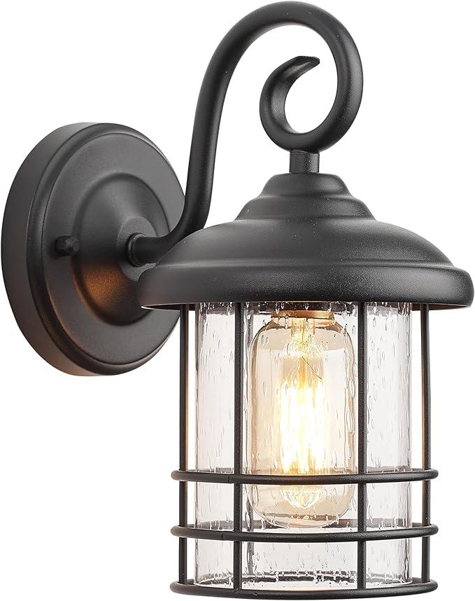 MICSIU 9.8-Inch Black Outdoor Wall Sconce, Exterior Light Fixture with Seedy Glass Cylinder, 5.5" Wide Weather Resistant Outside Wall Mount Lantern for House, Porch, Garage, E26 Base