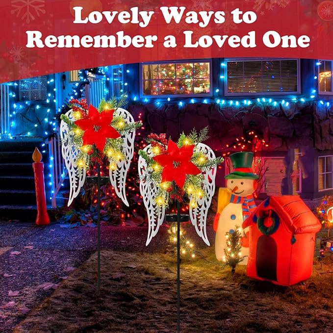 Baquler 2 Pack Christmas Outdoor Decorations Solar Stake Lights, Led Angel Wings Metal Stakes with Big Poinsettia Flower, Grave Pathway Lights for Lawn Garden Cemetery Decor