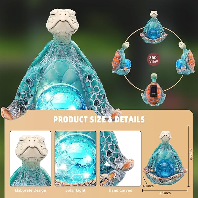 6.3 ' Solar Garden Decor - Sea Turtle Gifts for Women - Resin Yoga Sea Turtle Garden Statue Coastal Decor for Outdoor Yard Patio Porch Waterproof - Housewarming Gifts New Home for Men Women