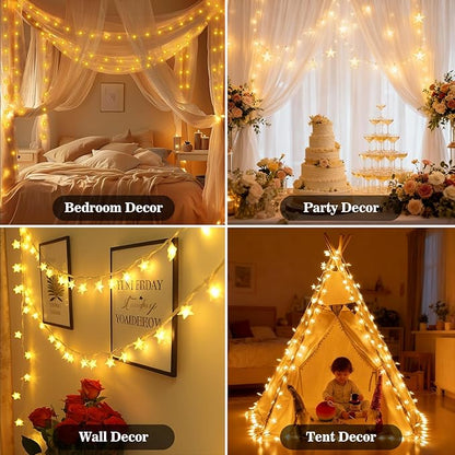 Star String Lights, 33ft 100 LED 8 Modes Star Fairy Lights Battery Operated Waterproof Indoor Outdoor for Bedroom Patio Party Wedding Tent Loft Bed Xmas Tree Decor, Warm White