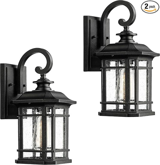 Emliviar Outdoor Wall Lanterns 2 Pack, 1-Light Exterior Wall Mount Light, Black Finish with Clear Seedy Glass, 2084B-2BK