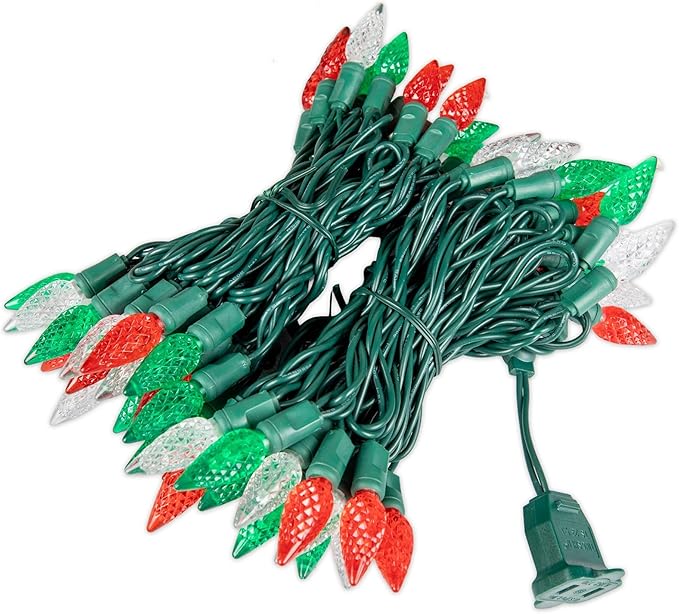 70 Light 24Ft Commercial Christmas String Lights C6 LED Strawberry Faceted Bulb – Red/Green/Pure White, Green Wire | Lumora