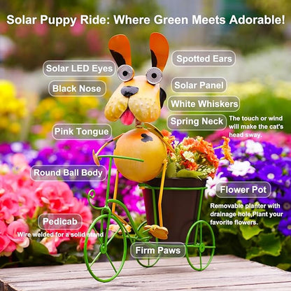 Dog Solar Lights Outdoor Cycling Plant Stand,Yard Art Metal Dog Statues,Outdoor Funny Statue for Garden Decor Yard Lawn Ornaments