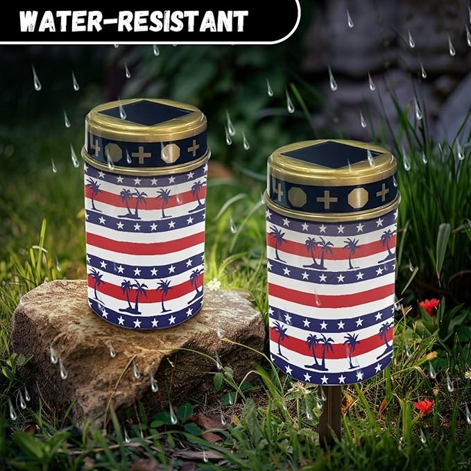 Palm Tree American Flag Garden Decor Solar Light Outdoor Stake Patio Yard Lawn Porch Pathway Grave Solar Lights for Cemetery Christmas Outside Waterproof Decorations