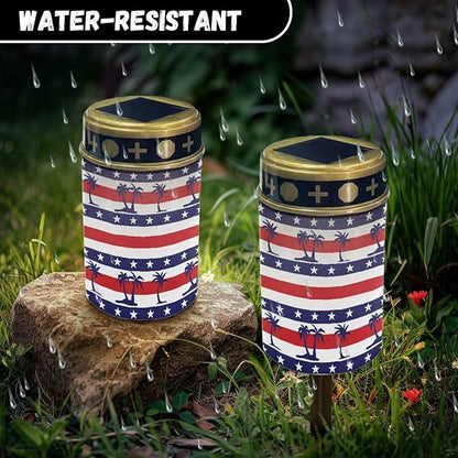 Palm Tree American Flag Garden Decor Solar Light Outdoor Stake Patio Yard Lawn Porch Pathway Grave Solar Lights for Cemetery Christmas Outside Waterproof Decorations