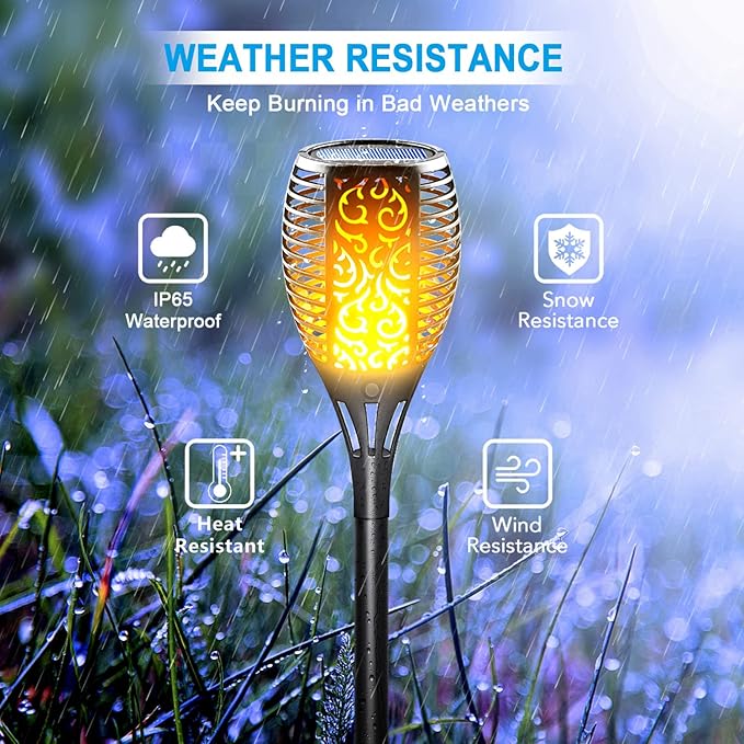 Large Size Solar Torch Light with Flickering Flame, Fire Effect Garden Lights Outdoor, IP65 Waterproof Tiki Torches for Pathway Yard Decor, Auto On/Off - Landscape Lighting (8 Pack)