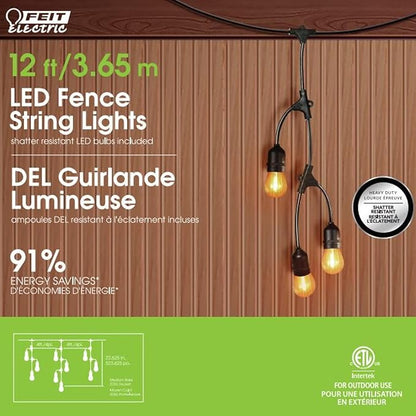 Feit Electric 12ft LED Outdoor Fence String Lights, 10 Sockets, 12pc. S14 LED Bulbs Included, E26 Base, 10 Watts, 2200K, Amber, SLM12-10/FIL