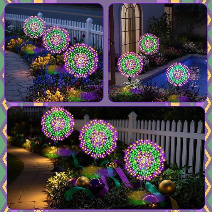 3 Pack Mardi Gras Solar Firework Lights 120 LED 8 Modes Waterproof Multicolor Mardi Gras Solar Stake Lights Outdoor Landscape Lamp for Garden Yard Patio Pathway Lawn Carnival Decoration