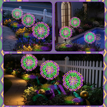 3 Pack Mardi Gras Solar Firework Lights 120 LED 8 Modes Waterproof Multicolor Mardi Gras Solar Stake Lights Outdoor Landscape Lamp for Garden Yard Patio Pathway Lawn Carnival Decoration