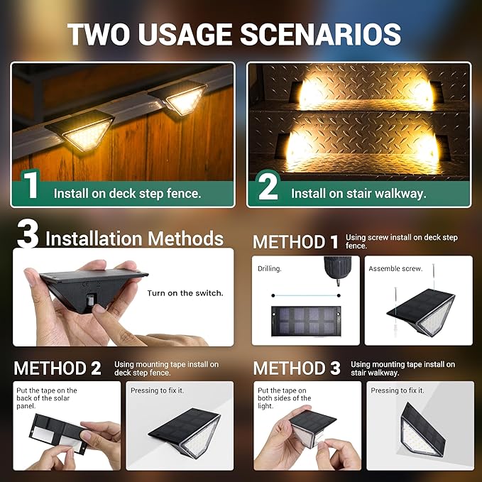 8 Pack Solar Step Lights for Outside, 24 LEDs Solar Stair Lights Waterproof IP65, Solar Deck Lights Outdoor Decor | Lumora