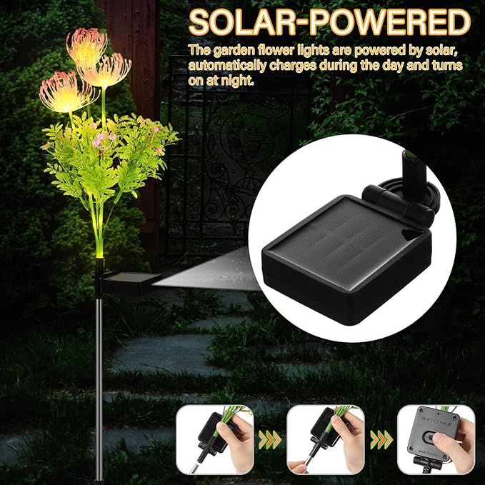4 Pcs Solar Flower Lights Outdoor Waterproof, Solar Garden Lights for Pathway, Yard, Patio, Lawn, Easy Installation, Auto on/Off, Energy-Saving, Ip65 Weatherproof, Multi-Color Led Decoration