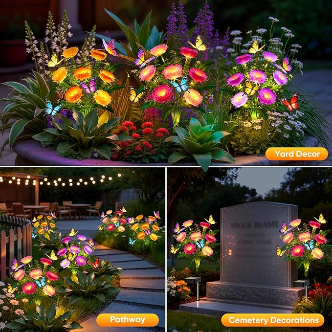Solar Flowers Lights Outdoor Waterproof: 6 Pack LED Solar Lights Decorative for Outside Garden Decor with Butterfly Auto-On/Off for Yard Landscape Lighting, Gifts for Mom Gardening Enthusiasts