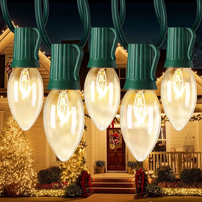 Vintage C9 Christmas Lights Outdoor, 50 FT C9 String Lights with 50 Clear Bulbs, Waterproof Christmas Tree Light for Outdoor Indoor Xmas Roofline Backyard Garden Patio Home Holiday Decor, Green Wire