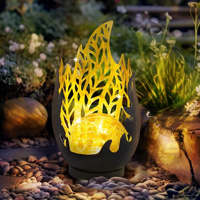 Huaxu Solar Lights Outdoor Decor Waterproof Metal Cracked Glass Globe with Gray Flame Effect, Table Decorations LED Lamp Gift for Garden Lovers Mom Women Patio Lawn Yard Pathway Outside