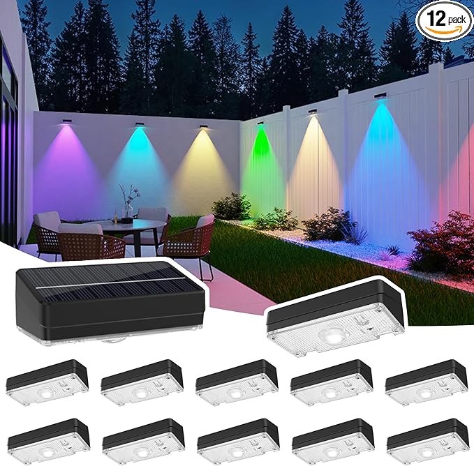 Solar Fence Lights,Fence Lights Solar Powered Waterproof IP65 Multicolor Led 12 Fixed Colors ＆RGB Color Changing for Pool, Deck, Patio, Porch, Stairs, Holiday-12pack
