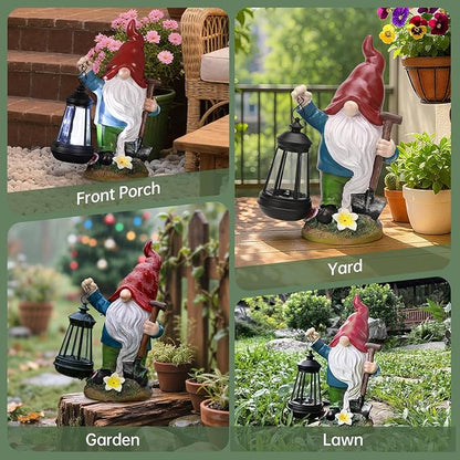 Gnome Garden Decor Statue with Lantern, Solar Gnomes Outdoor Decorations with LED Lights, Lawn Decor Yard Ornament for Patio Balcony, Valentine's Day Birthday Gift for Mom Grandma