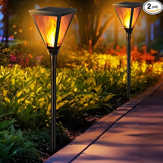 iBaycon 2 Pack 28" Solar Flame Torch Lights, Flickering Flame Garden Lights Outdoor Waterproof, Solar Pathway Light | Lumora