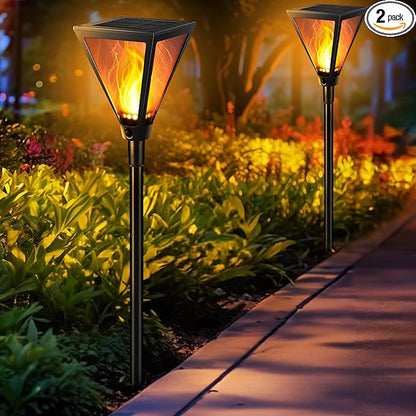 iBaycon 2 Pack 28" Solar Flame Torch Lights, Flickering Flame Garden Lights Outdoor Waterproof, Solar Pathway Light for Yard Lawn Path Landscape Decor
