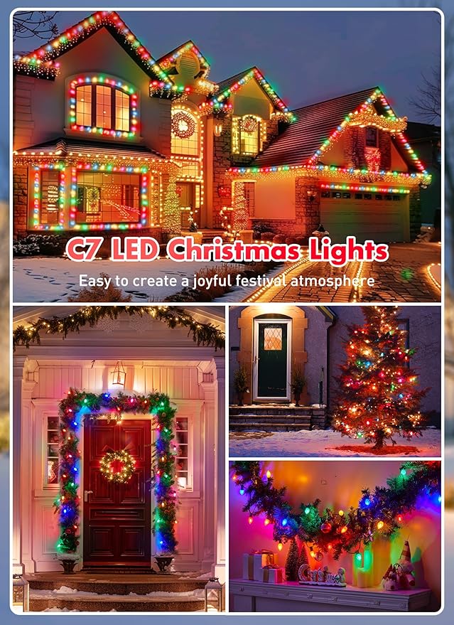 Multicolor C7 LED Christmas Lights Outdoor, 34FT Colorful Christmas String Lights with 50+2 Plastic Bulbs, Traditional Hanging Holiday Lights for Christmas Tree Patio Fence Roofline Xmas Decorations
