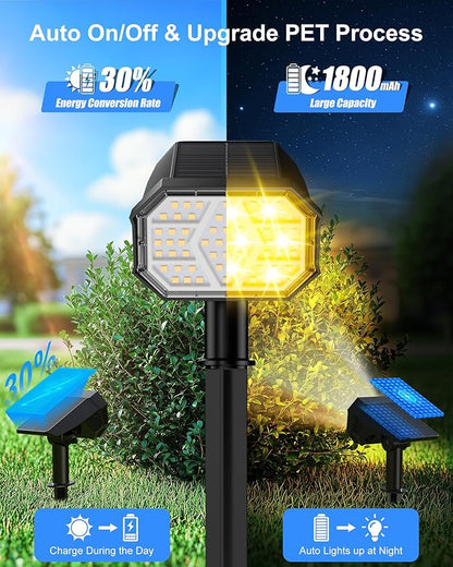 Brightown Solar Lights Outdoor with 58 LED & Auto ON/Off, IP67 Solar Spot Lights Outdoor with 3 Light Intensities. 2-in-1 Outdoor Solar Lights for Yard, Gardens, Flag and Pathways. 4Pcs (Warm White)