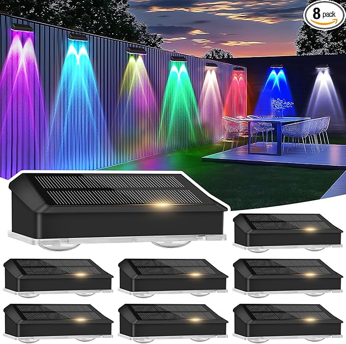 echosari 8 Pack Solar Fence Lights Outdoor Waterproof Color Changing 100 Lumen Ultra Bright Auto ON/Off for Backyard Patio Railing Porch Step (3000K-6500K & RGB)