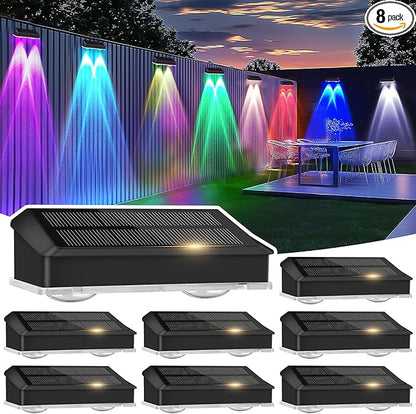 echosari 8 Pack Solar Fence Lights Outdoor Waterproof Color Changing 100 Lumen Ultra Bright Auto ON/Off for Backyard Patio Railing Porch Step (3000K-6500K & RGB)
