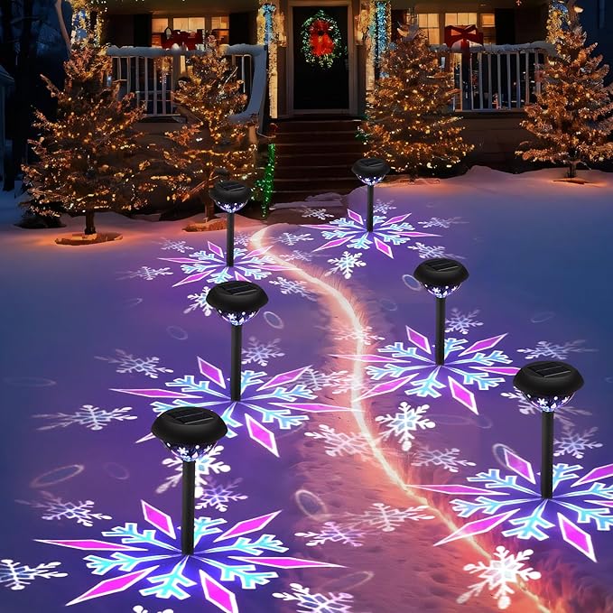 Retisee 4 Pack Outdoor Christmas Decorations, Solar Christmas Pathway Lights LED Snowflake Waterproof Solar Projector Lights for Outdoor Garden Yard Patio Xmas Decor