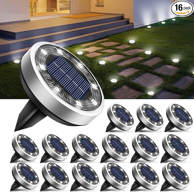 btfarm 16 Pack Solar Lights Outdoor, 8 LED Solar Ground Lights IP65 Waterproof Flat Solar Disc Light, Pathway | Lumora