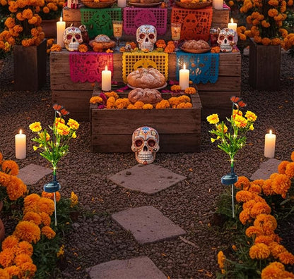 Solar Marigold Garden Lights, 2 Pack Solar Swaying Monarch Butterfly Lights with Flowers,Artificial Flower Lights for Halloween & Día de Los Muertos (Day of The Dead) Decorations
