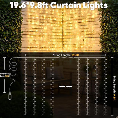 suddus 600 LED Christmas Curtain Lights Outdoor, 9.8x19.6ft Curtain Lights Plug in with Remote, Wall Hanging Lights for Christmas,Dorm,Wall,Window,Wedding,Party,Birthday Decor,Warm White