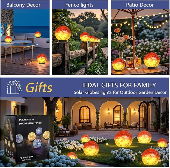 2 Pack 60LED Solar Globe Lights Outdoor Waterproof 4.7in Cracked Glass Solar Balls Lights for Outside Yard Pathway Patio Lawn Landscape Decor Ground for Christmas Holiday Decor w/ Box (Gradient Red)