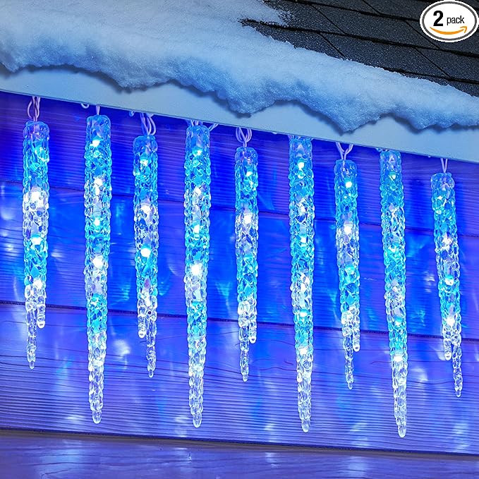 Minetom Icicle Lights Outdoor with Clips, 2 Pack Total 40ft 200 LED 40 Tubes Twinkling Connectable Hanging Ice Shape Christmas String Lights Plug in for Eave Holiday Outdoor, Blue and White