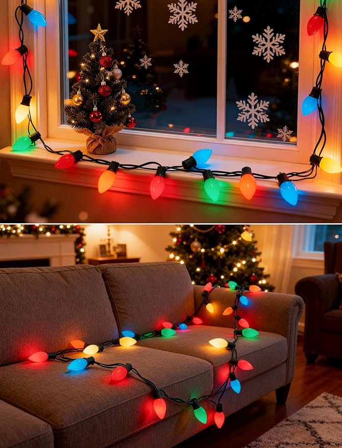 C7 Multicolor Christmas Lights 25Ft C7 Christmas String Lights Outdoor with 27 Incandescent Light Bulbs, Multicolor String Lights for Xmas Tree Decor Patio, 5 Watt E12 Candelabra Base