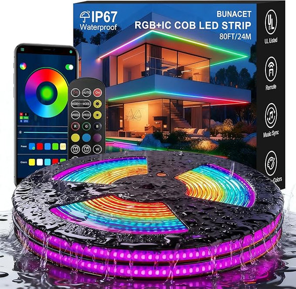 80ft COB RGB+IC LED Strip Lights IP67 Waterproof , Bright Dream Color COB LED Strip with RF Remote App Control | Lumora