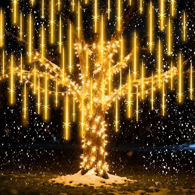 Christmas Lights Outdoor,16 Inch 20 Tubes Meteor Shower Light Falling Rain Drop String Lighting Icicle Snow Cascading Xmas String Decor for Tree Wedding Party Garden Holiday Decoration,Warm White